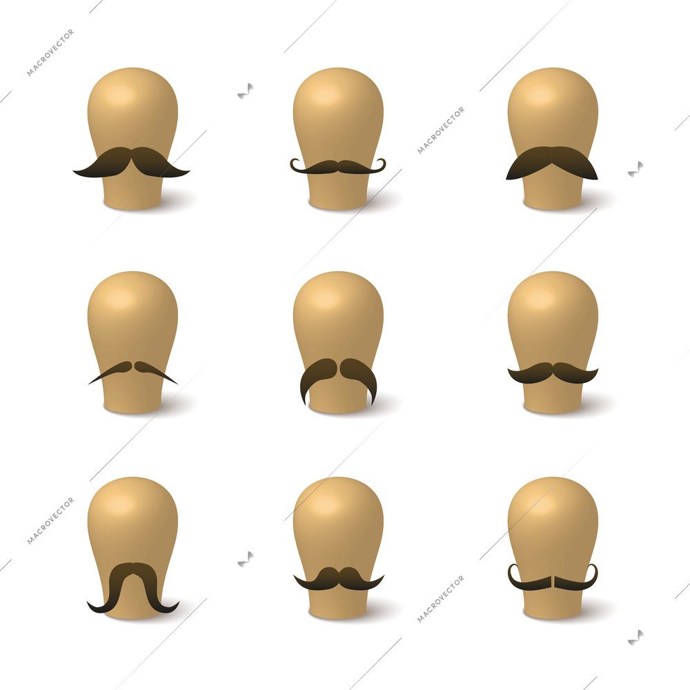 Collection of hipster mustaches on hat-blocks isolated vector illustration