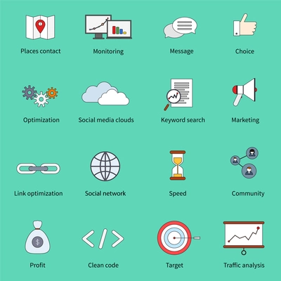 SEO marketing flat line icons set with places contact monitoring message choice isolated vector illustration