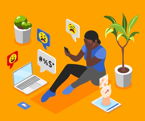 Sad cyber bullying victim with smartphone laptop tablet getting offensive messages and emoticons on orange background isometric vector illustration