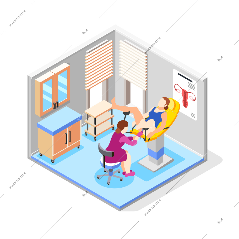 Woman and female doctor during gynecological checkup on chair isometric composition 3d vector illustration