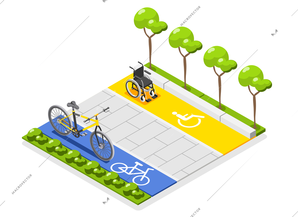 Accessible environment composition with two lanes for wheelchair and bike on city street isometric vector illustration