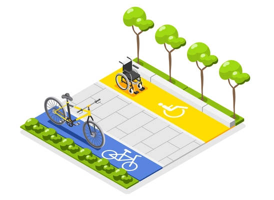 Accessible environment composition with two lanes for wheelchair and bike on city street isometric vector illustration