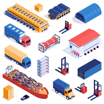 Set of isolated logistic icons with isometric images of trucks and cargo ships with storage containers vector illustration