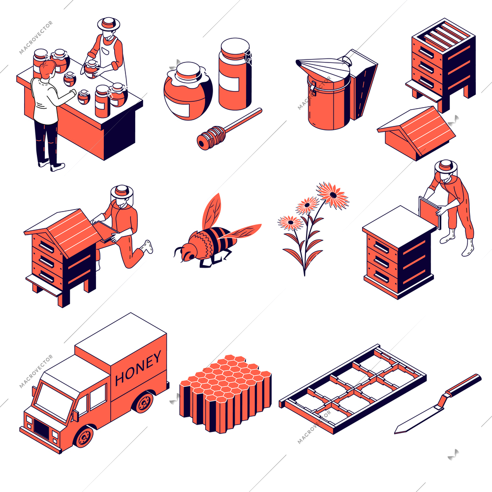 Beekeeping isometric collection with icons of honeycomb hives with characters of beekeeper and honey in cans vector illustration