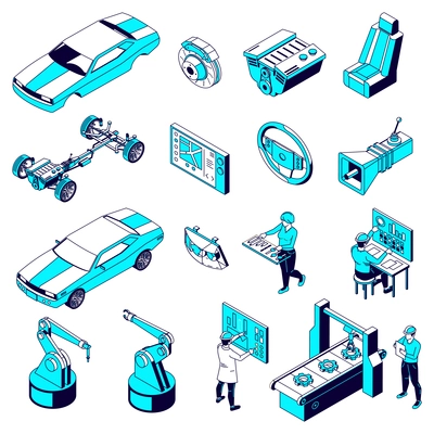 Set of isolated car parts production isometric icons with motor vehicle parts plant facilities and workers vector illustration