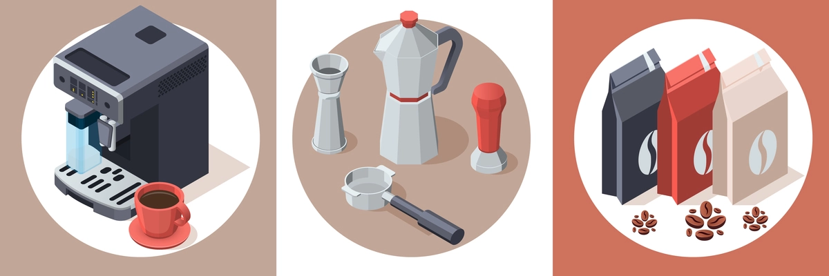Coffee isometric set of three round compositions with images of coffee machine moka pot and packaging vector illustration