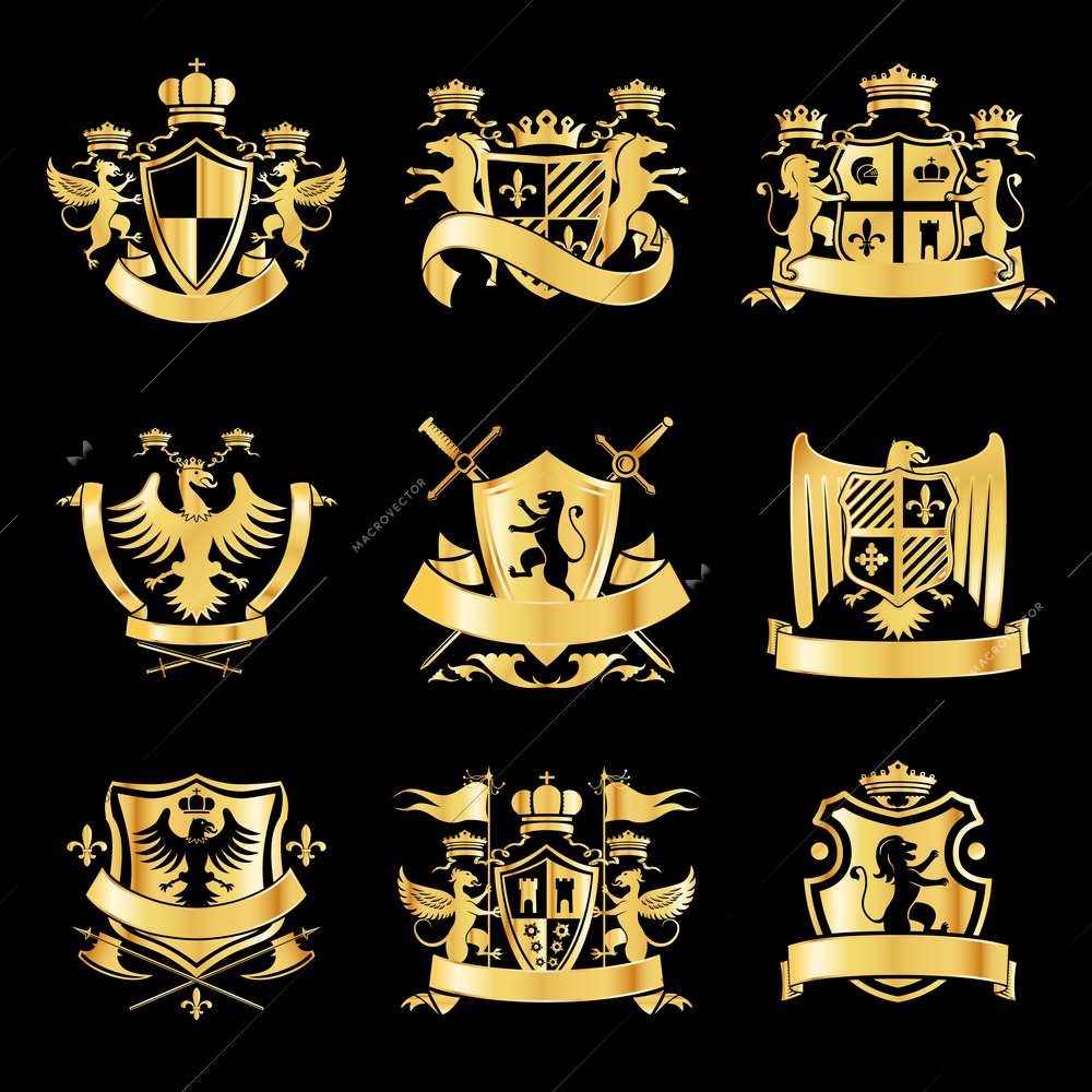 Heraldic royal art symbols decorative emblems golden set with griffin swords and ribbons isolated vector illustration