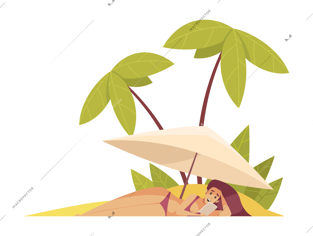 Beach composition with female character lying under sun umbrella on sandy beach with palm trees vector illustration