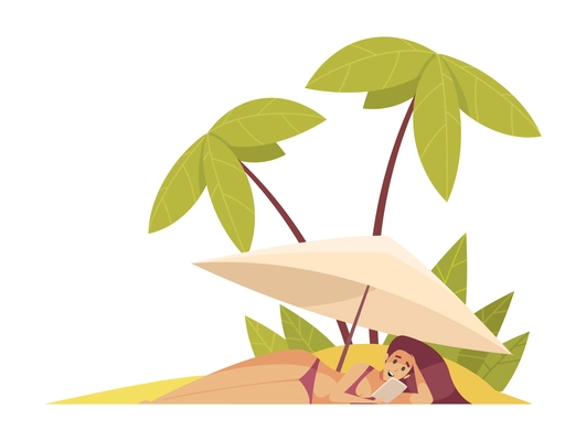 Beach composition with female character lying under sun umbrella on sandy beach with palm trees vector illustration