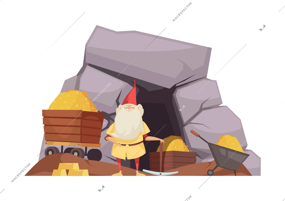 Fairy tale composition with character of dwarf near mine entrance and minecart full of gold vector illustration