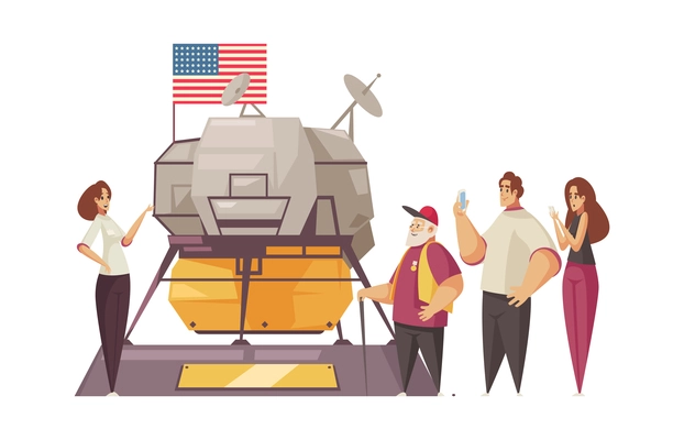 Guide excursion composition with group of space museum tourists with guide and lunar module of spacecraft vector illustration