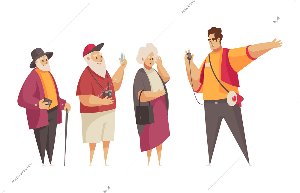 Guide excursion composition with group of elderly tourists with male character of young guide vector illustration