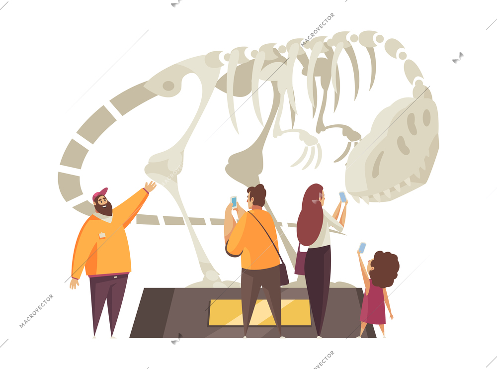 Guide excursion composition with group of tourists surrounding podium with skeleton of dinosaur vector illustration