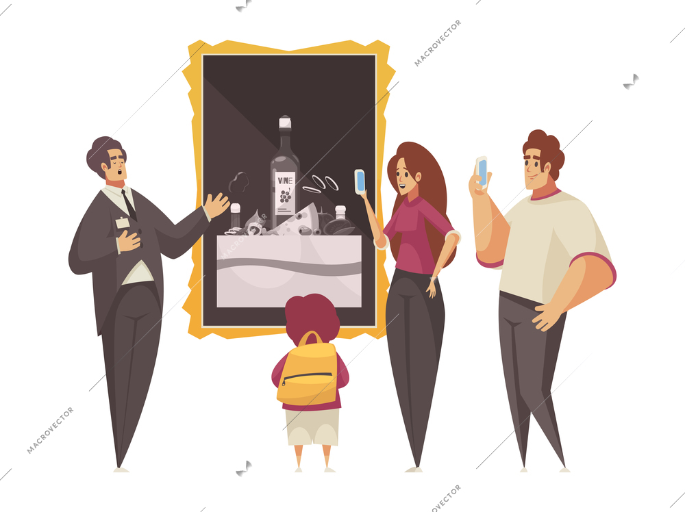 Guide excursion composition with group of visitors with picture in frame and guide in smart suit vector illustration