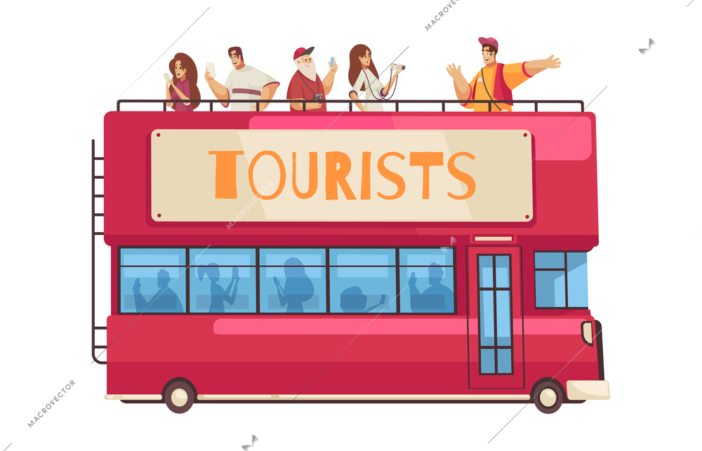 Guide excursion composition with characters of guide and group of tourists on top of sightseeing bus vector illustration