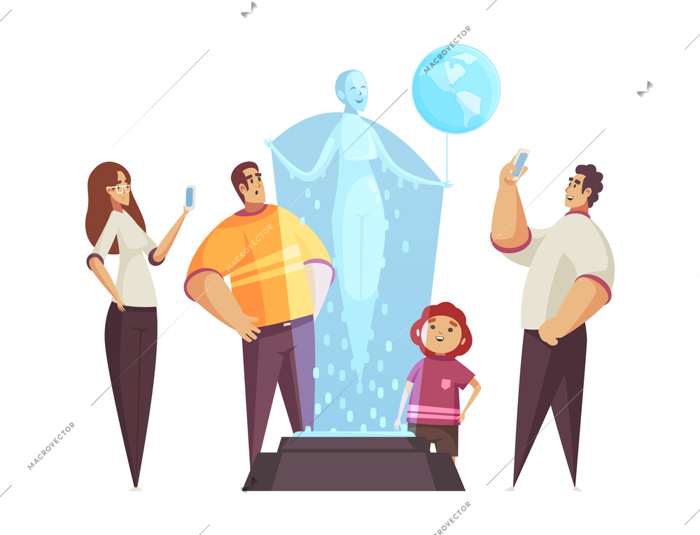 Guide excursion composition with group of tourists surrounding podium with holographic woman vector illustration