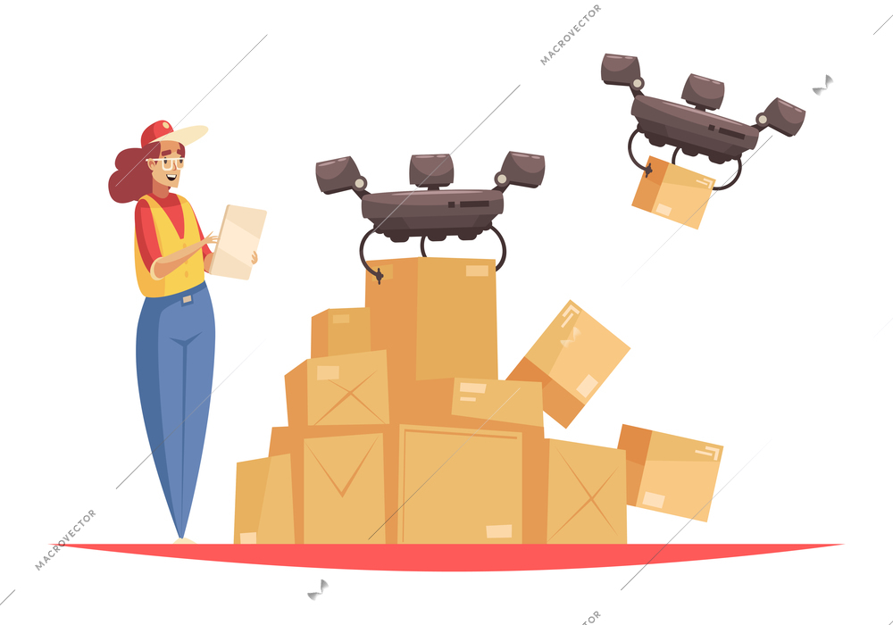 Delivery composition with female logistics worker in uniform with flying quadcopter drones carrying boxes vector illustration