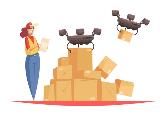 Delivery composition with female logistics worker in uniform with flying quadcopter drones carrying boxes vector illustration