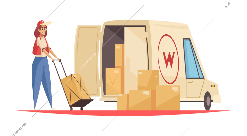 Delivery composition with female character of worker in uniform carrying cardboard boxes into van vector illustration