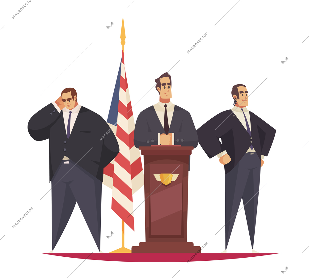 President composition with characters of body guards and president having speech from tribune vector illustration