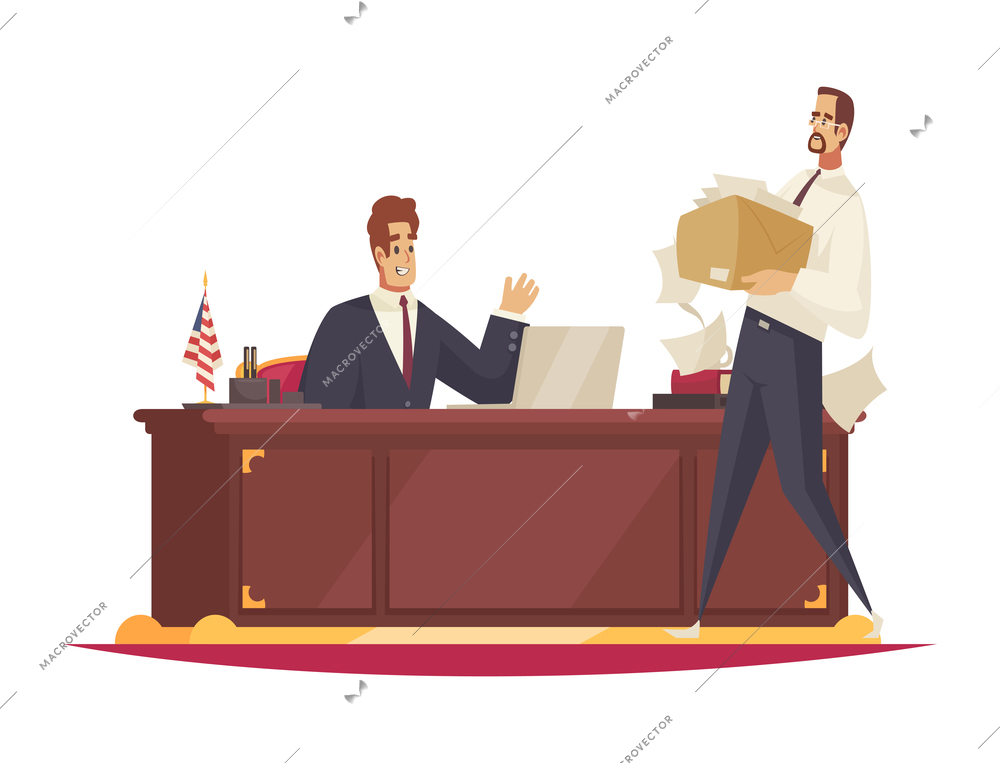 President composition with characters of president working at office table and assistant carrying paperwork vector illustration