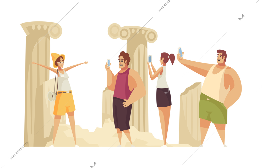Guide excursion composition with group of tourists among ancient pillar columns vector illustration