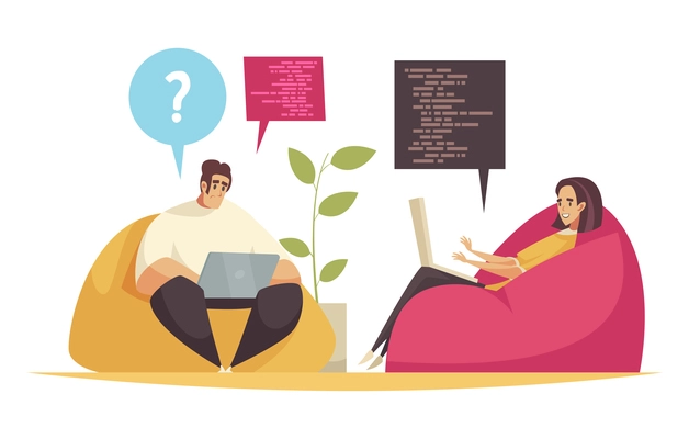 Programmer composition with doodle style characters of programmers working with laptops on soft chairs vector illustration