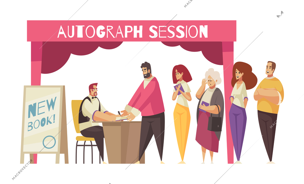 Expo stand composition with doodle human characters and view of exhibition booth vector illustration