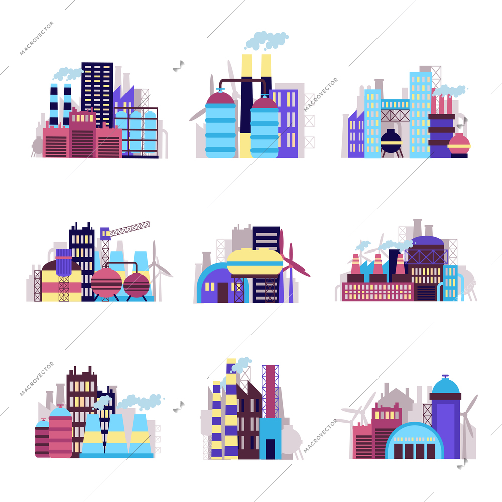 Industrial city construction building factories and plants icons set isolated vector illustration