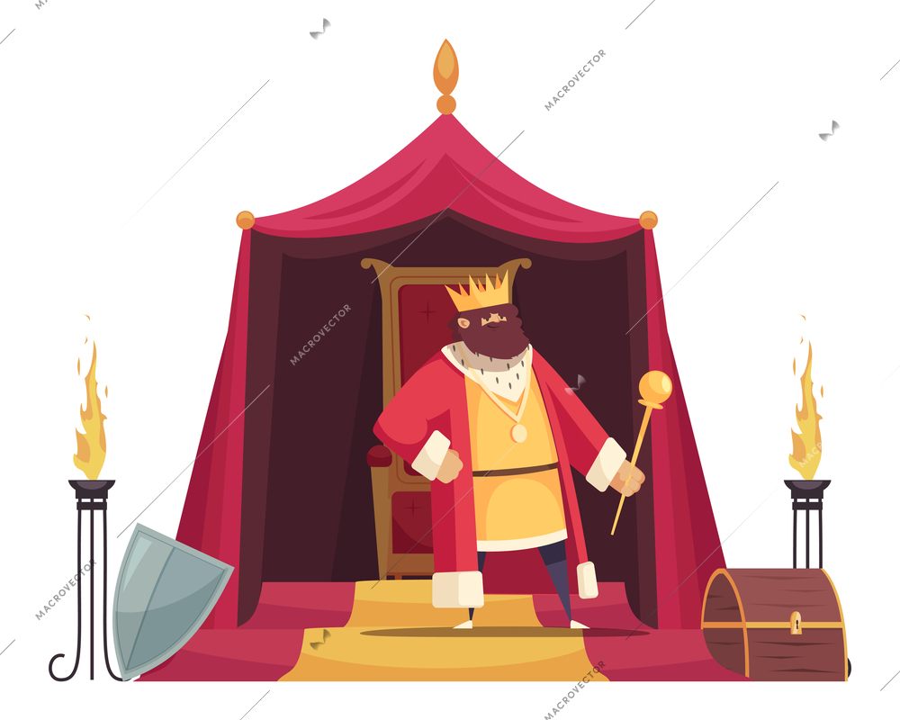 Fairy tale composition with character of ancient king with throne in his pavilion vector illustration