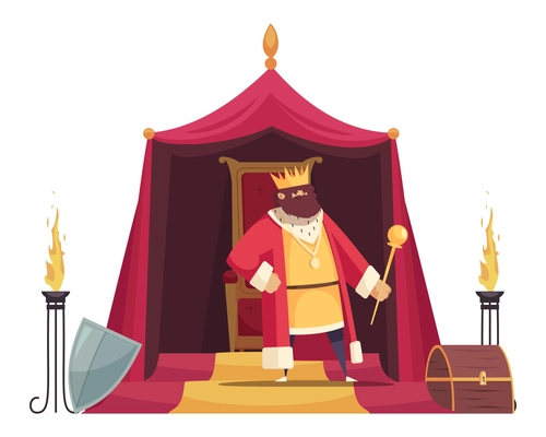 Fairy tale composition with character of ancient king with throne in his pavilion vector illustration