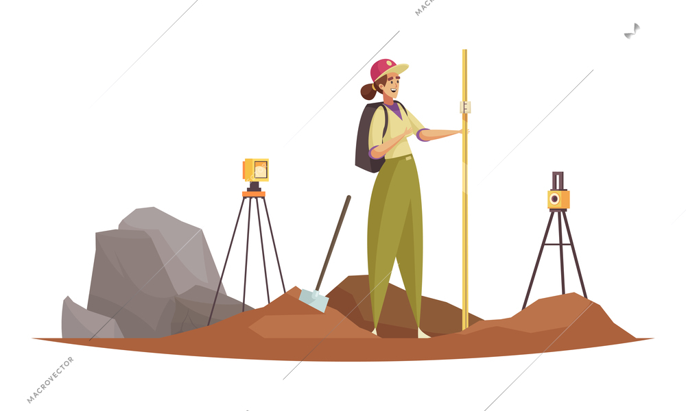 Geologist composition with female character working with transit compasses on tripod stands vector illustration