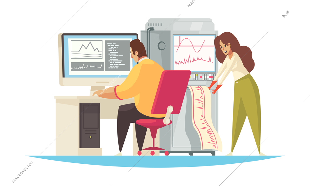 Geologist composition with geologists team printing sensor oscillograms on computer vector illustration