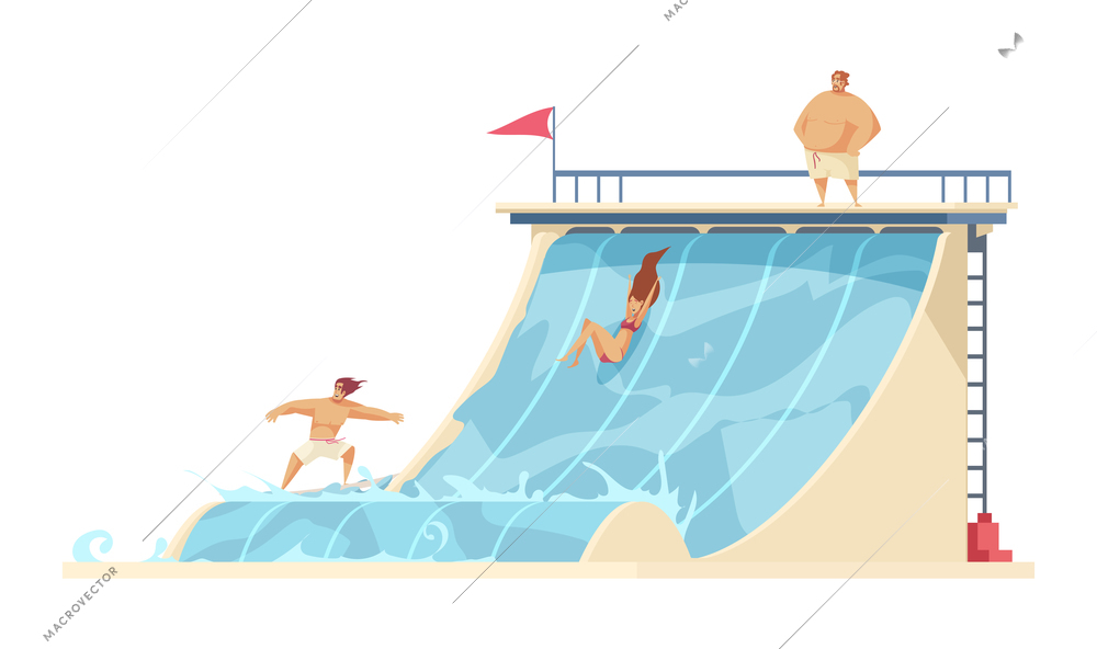 Aquapark composition with view of big water slide and adult characters sliding down vector illustration