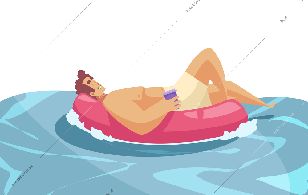 Beach composition with water surface and man lying on inflatable ring with cup of drink vector illustration