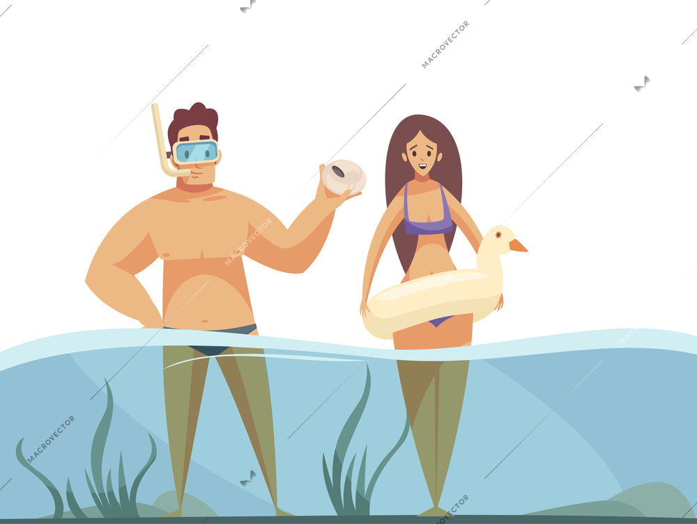 Beach composition with man in underwater breathing mask with woman wearing inflatable ring vector illustration