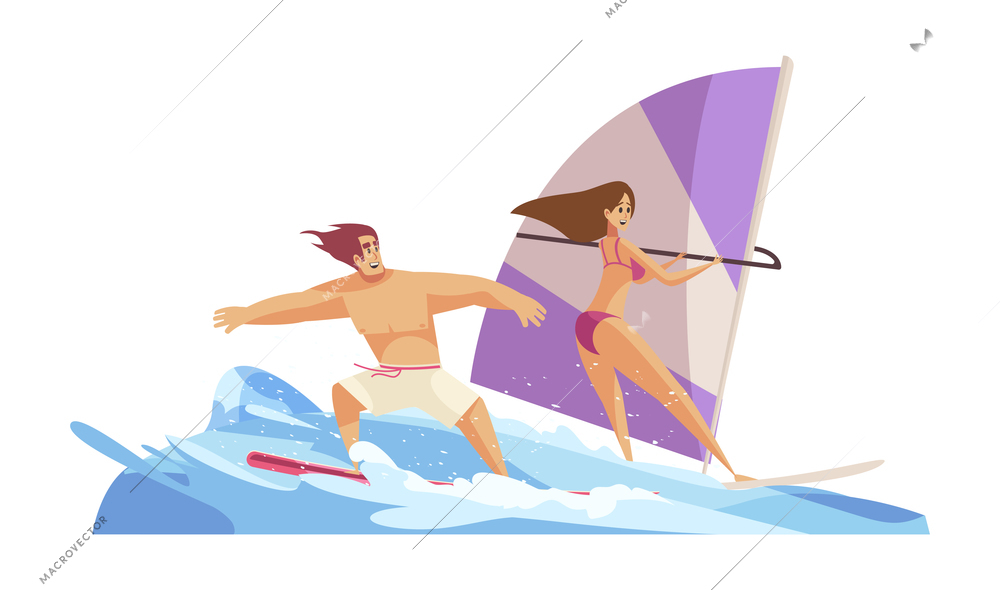 Beach composition with characters of man and woman riding surfing boards on stream of waves vector illustration