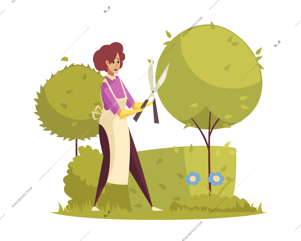 Craftsman composition with outdoor scenery and female character of gardener cutting trees vector illustration