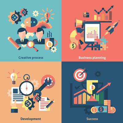 Creative process flat icons set with business planning development success isolated vector illustration
