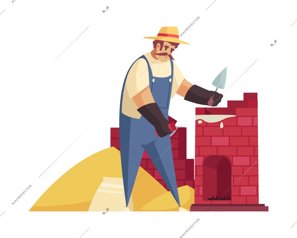 Craftsman composition with character of bearded man making heating stove with bricks and sand vector illustration