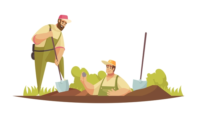 Geologist composition with group of male geologists digging ground with shovels vector illustration