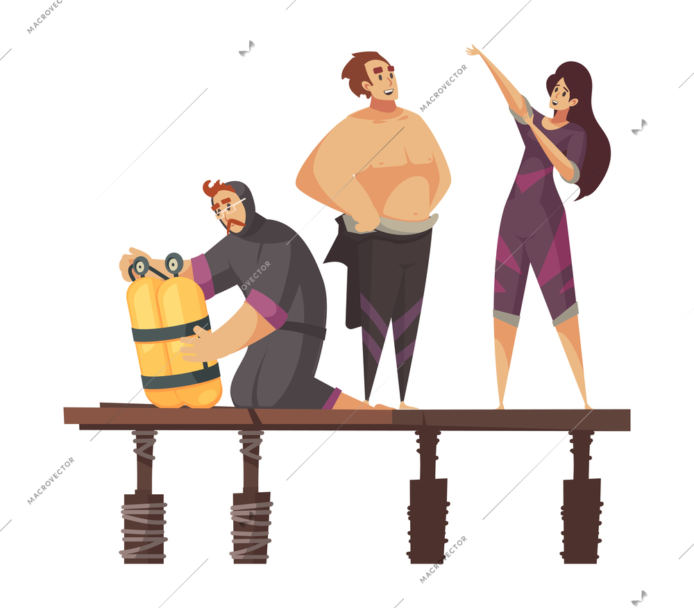 Diving composition with doodle human characters standing on deck bridge ready to dive vector illustration