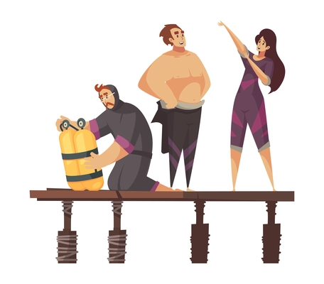 Diving composition with doodle human characters standing on deck bridge ready to dive vector illustration