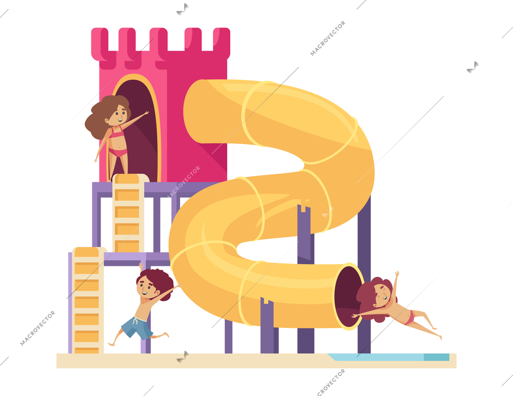 Aquapark composition with big castle shaped water slide and doodle characters of happy children vector illustration