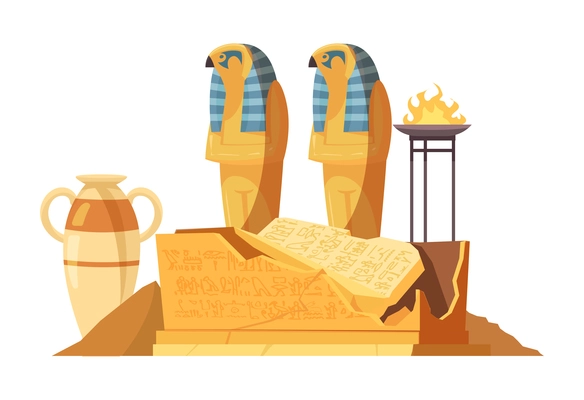 Egyptian composition with images of ancient vase and ritual fire with broken tomb vector illustration