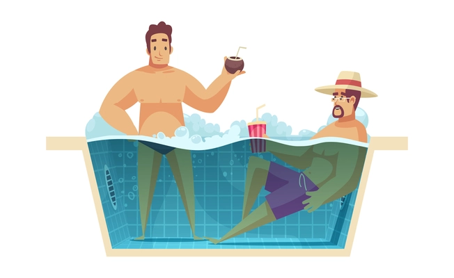 Aquapark composition with profile view of bath tub and two male characters having drinks together vector illustration