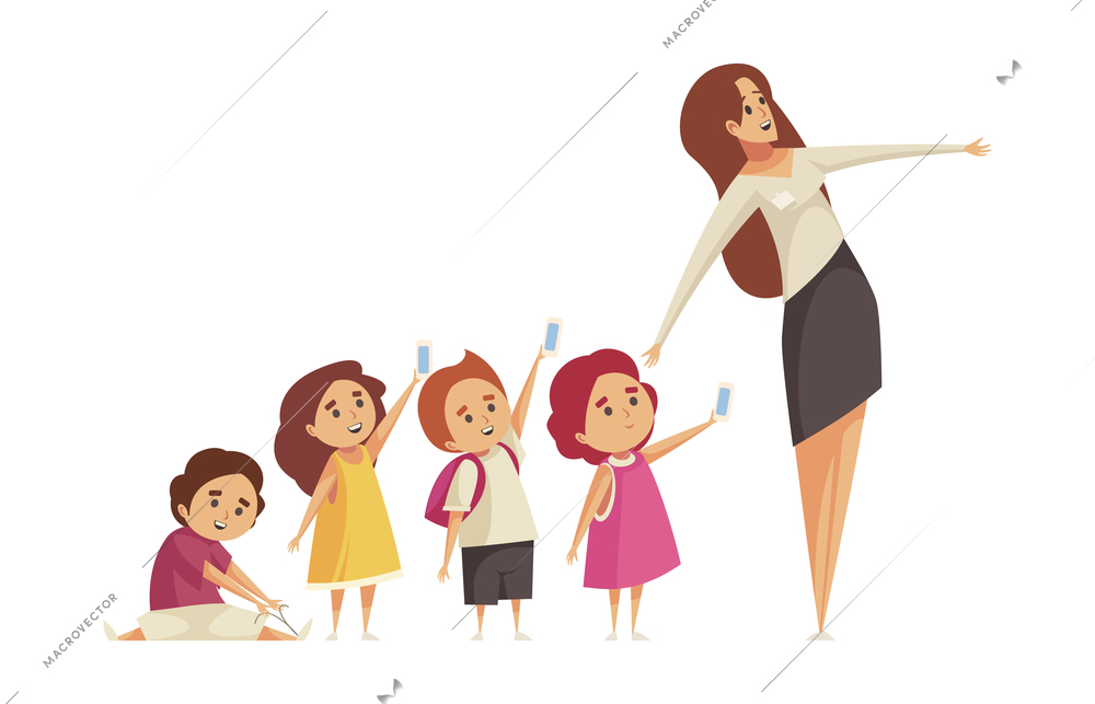 Guide excursion composition with group of children with female character of adult guide vector illustration