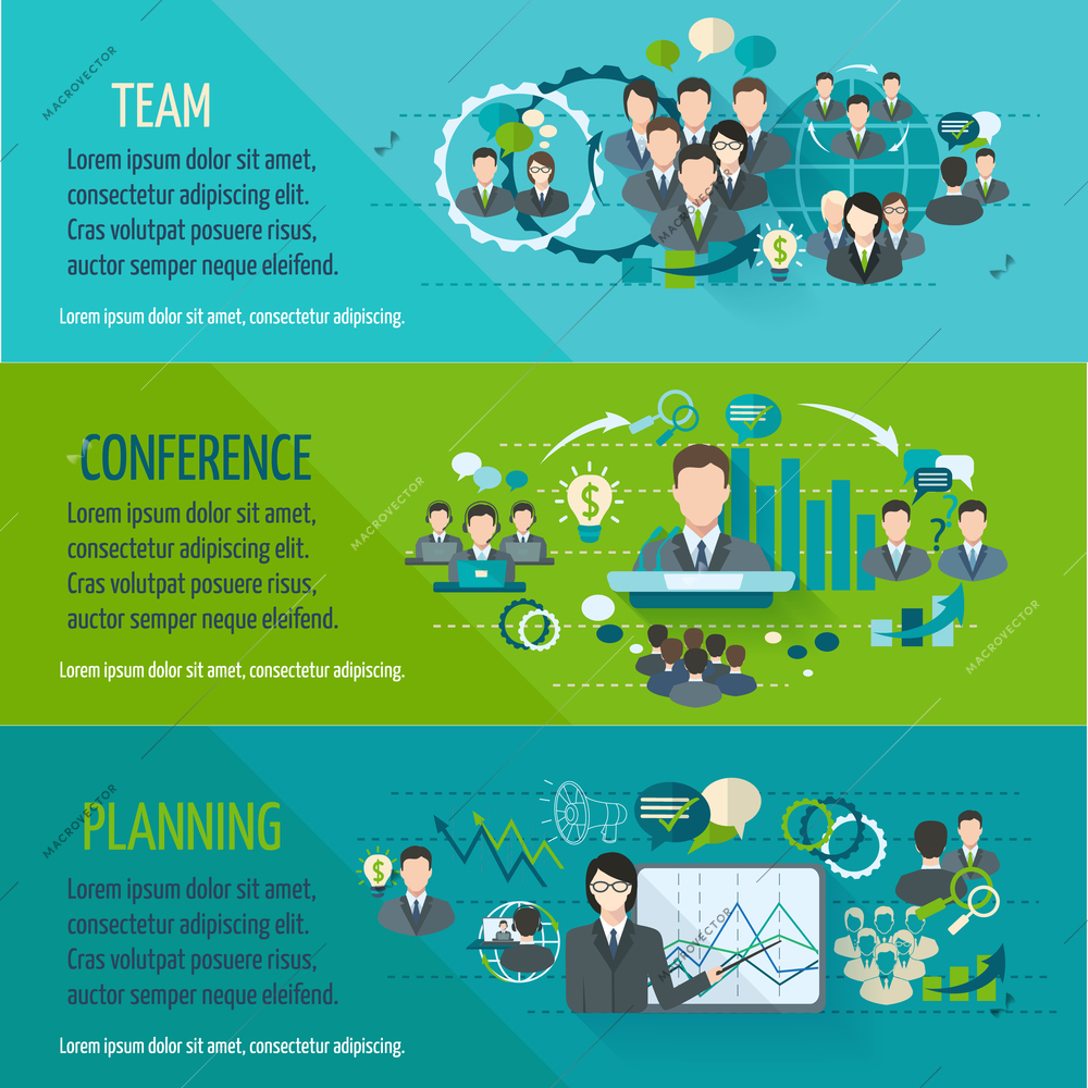 Meeting people horizontal banner set with team planning conference isolated vector illustration