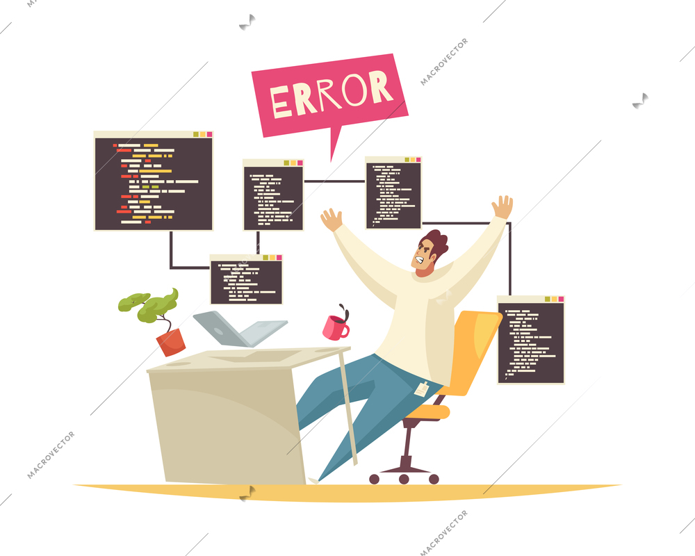 Programmer composition with doodle character of distracted programmer got error in his code vector illustration