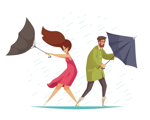 Bad weather composition with falling rain drops and characters of distracted people holding umbrellas vector illustration